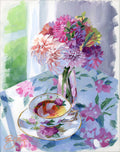Tea and dahlias in pink vase (No. 499) - 8 x 10 acrylic painting on canvas - Che Cose Belle
