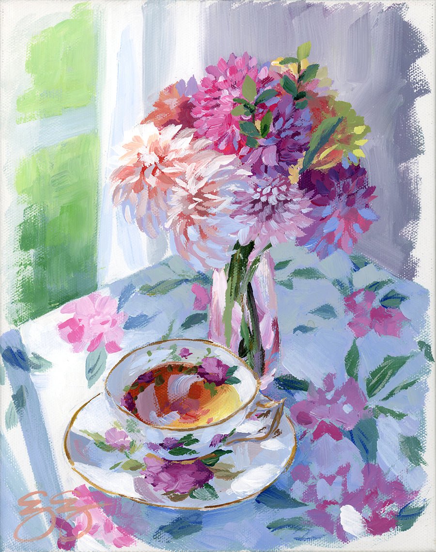 Tea and dahlias in pink vase (No. 499) - 8 x 10 acrylic painting on canvas - Che Cose Belle