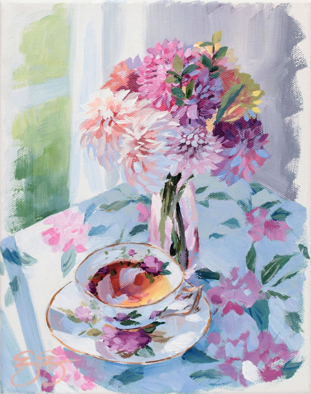 Tea and dahlias in pink vase (No. 499) - 8 x 10 acrylic painting on canvas - Che Cose Belle