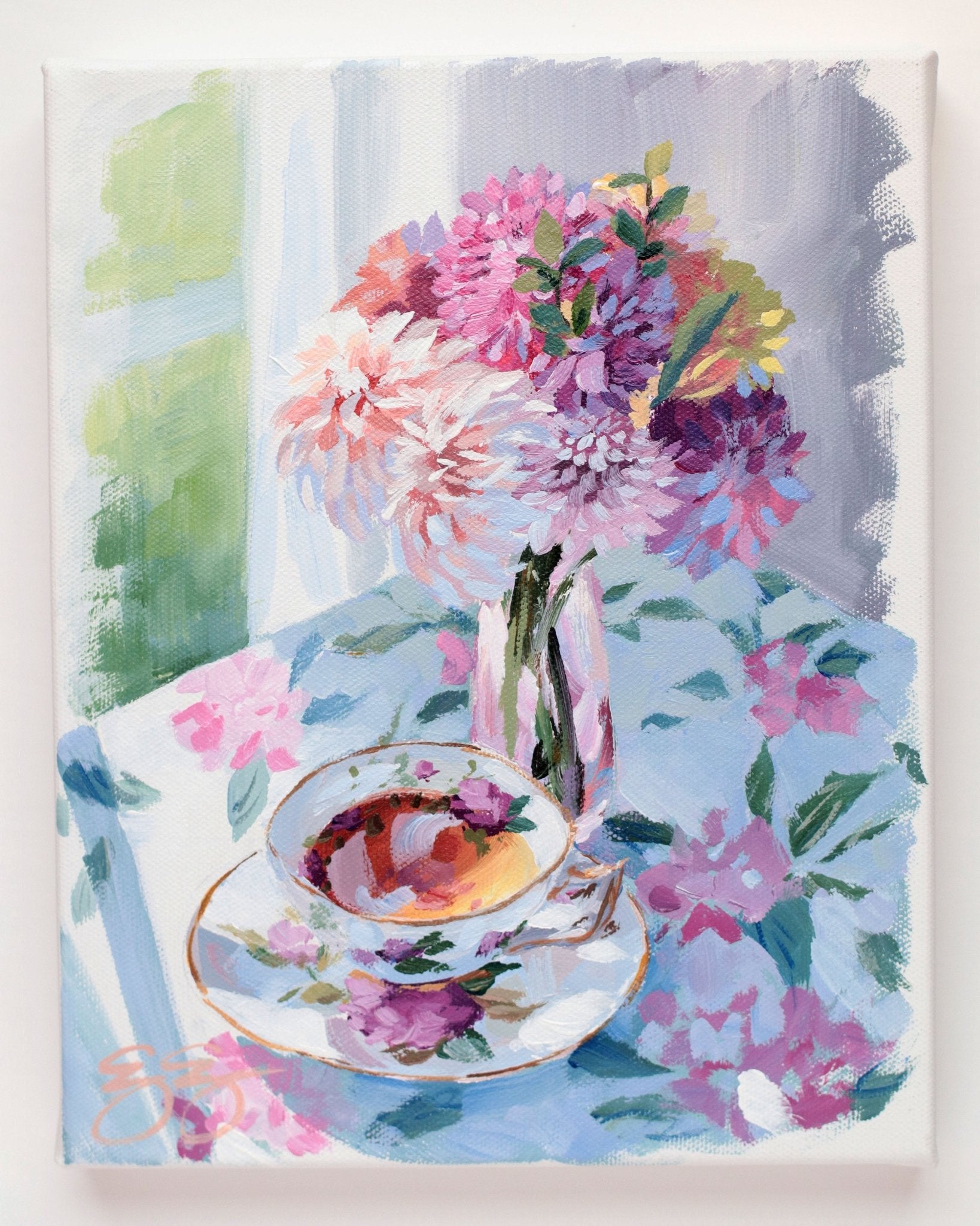 Tea and dahlias in pink vase (No. 499) - 8 x 10 acrylic painting on canvas - Che Cose Belle