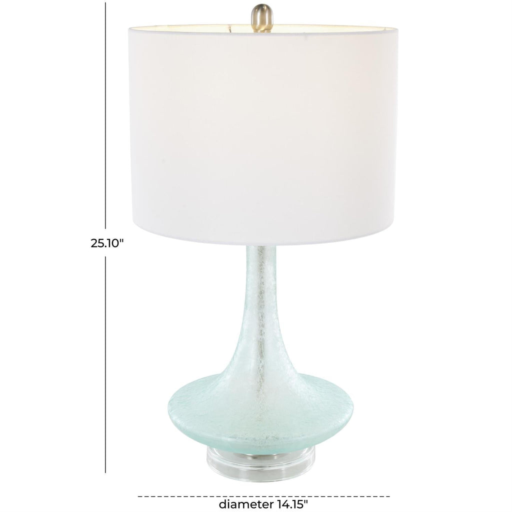 Teal Glass Table Lamp with White Drum Shade & Silver Base - Che Cose Belle