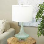 Teal Glass Table Lamp with White Drum Shade & Silver Base - Che Cose Belle