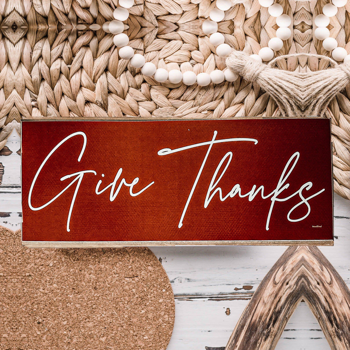 Give Thanks Rustic Wall Sign Set 10x4x1 Inch, Rust Background White Script, Single Or 2-Pack