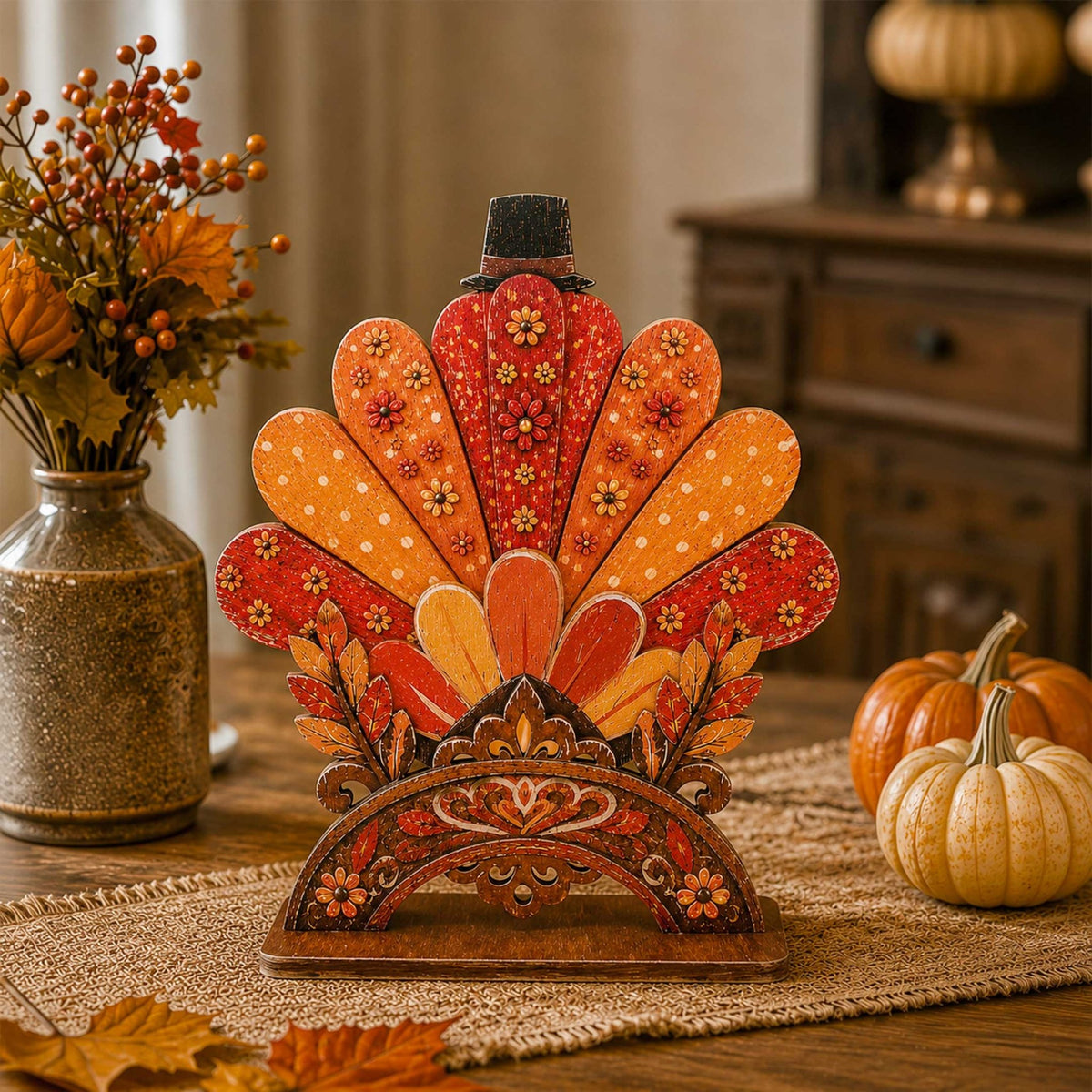 Thanksgiving Pilgrim Couple and Turkey Wooden Tabletop Decoration Set of 3 – Harvest Fall Décor by G. Debrekht - 862112-OP-S3 - Che Cose Belle