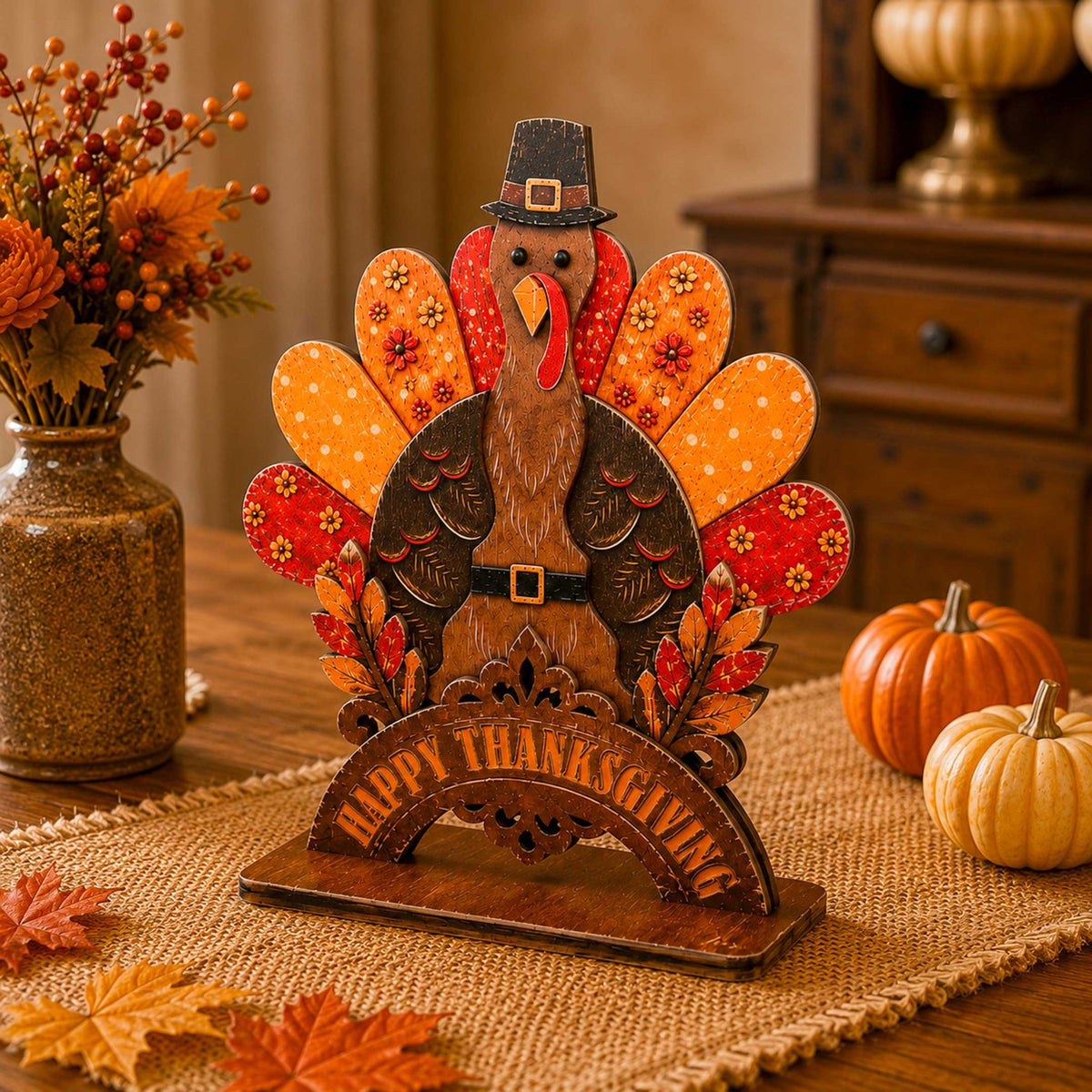 Thanksgiving Pilgrim Couple and Turkey Wooden Tabletop Decoration Set of 3 – Harvest Fall Décor by G. Debrekht - 862112-OP-S3 - Che Cose Belle