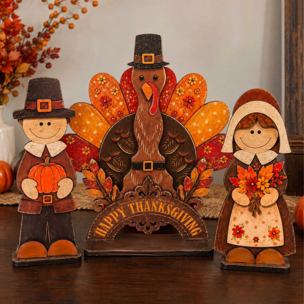Thanksgiving Pilgrim Couple and Turkey Wooden Tabletop Decoration Set of 3 – Harvest Fall Décor by G. Debrekht - 862112-OP-S3 - Che Cose Belle