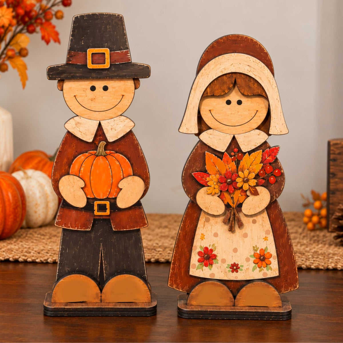 Thanksgiving Pilgrim Couple Wooden Tabletop Decoration Set of 2 – Handcrafted Fall Harvest Décor by G. Debrekht - 862111-OP-S2 - Che Cose Belle