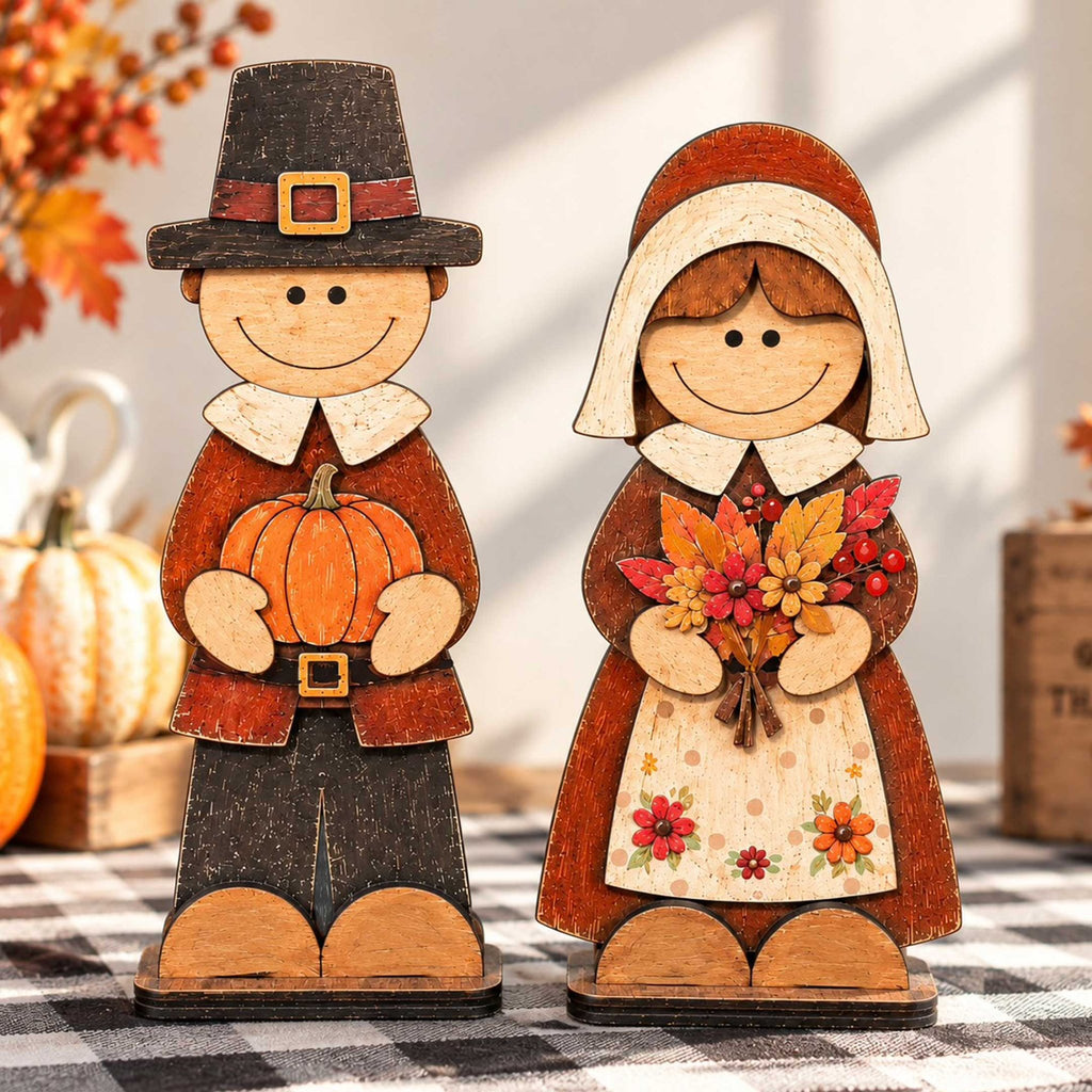 Thanksgiving Pilgrim Couple Wooden Tabletop Decoration Set of 2 – Handcrafted Fall Harvest Décor by G. Debrekht - 862111-OP-S2 - Che Cose Belle
