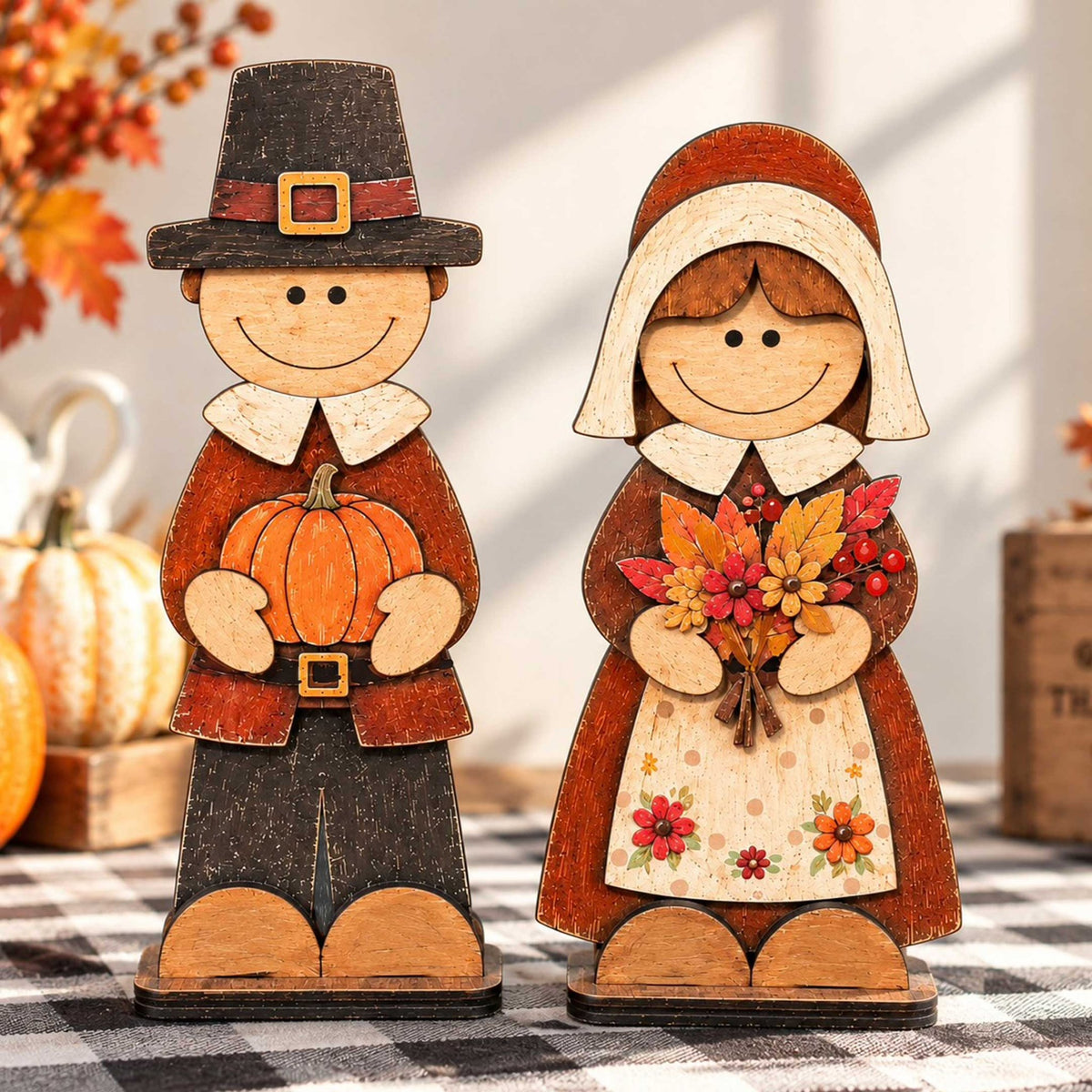 Thanksgiving Pilgrim Couple Wooden Tabletop Decoration Set of 2 – Handcrafted Fall Harvest Décor by G. Debrekht - 862111-OP-S2 - Che Cose Belle