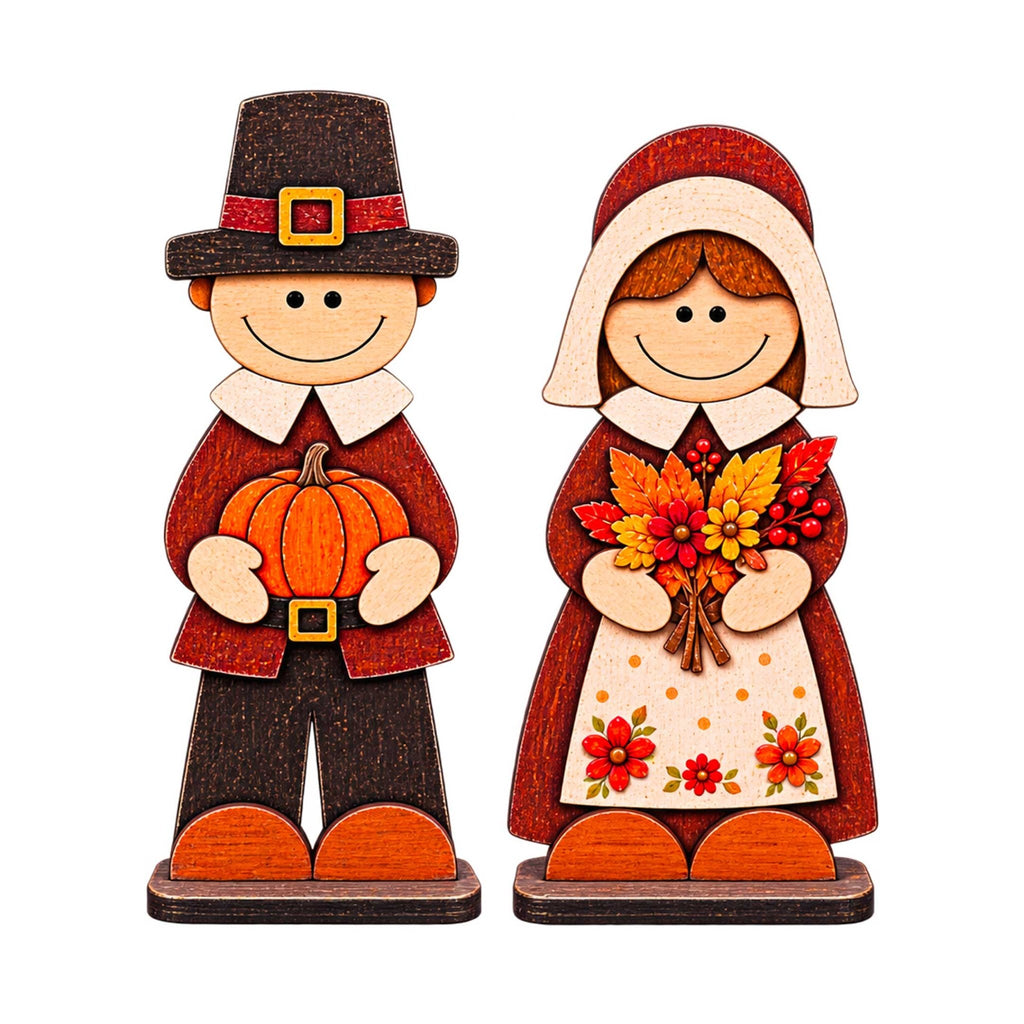 Thanksgiving Pilgrim Couple Wooden Tabletop Decoration Set of 2 – Handcrafted Fall Harvest Décor by G. Debrekht - 862111-OP-S2 - Che Cose Belle