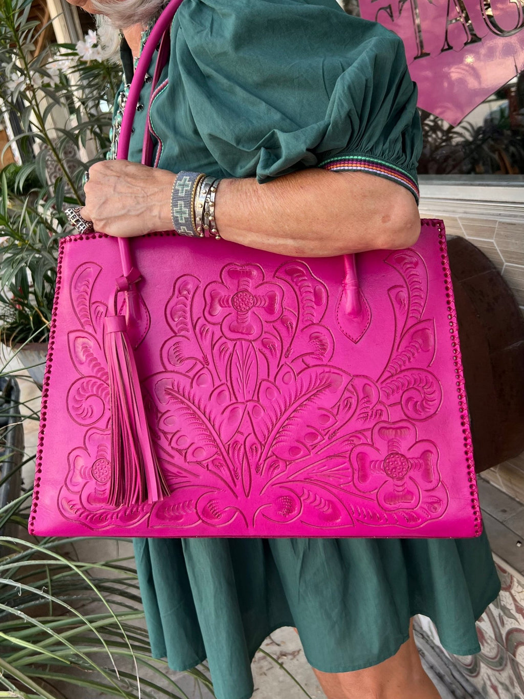 The Amy| Hand-Tooled Leather Tote Bag - Che Cose Belle