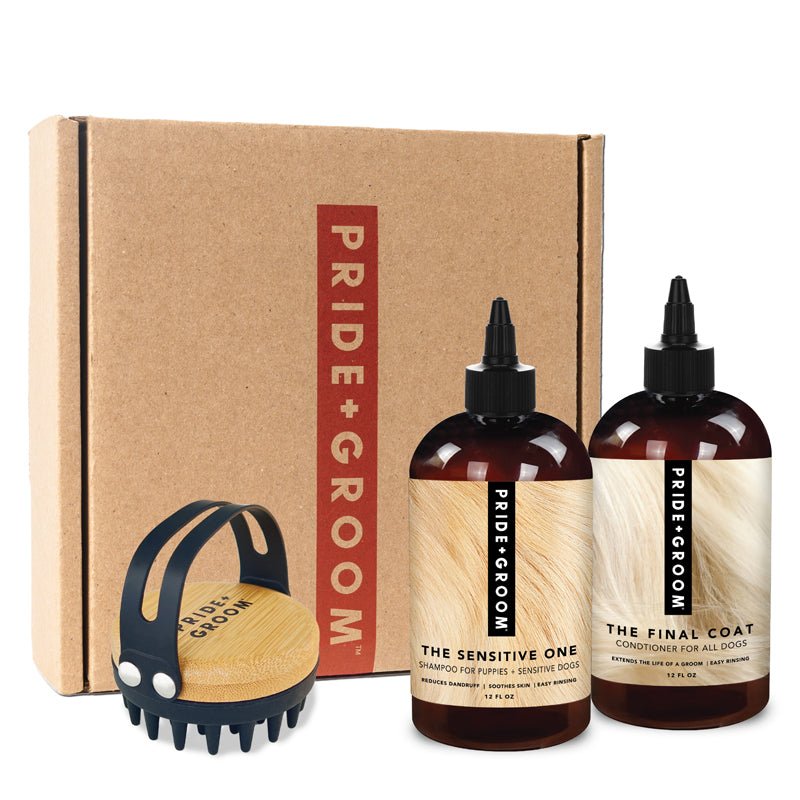 THE BATH BRUSH SET — Complete Dog Grooming Kit with Coat - Specific Shampoo, Final Coat Conditioner & Ergonomic Bath Brush - Che Cose Belle