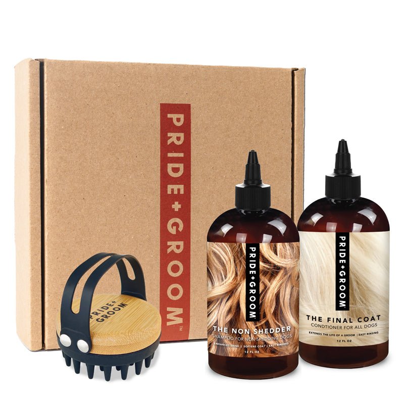 THE BATH BRUSH SET — Complete Dog Grooming Kit with Coat - Specific Shampoo, Final Coat Conditioner & Ergonomic Bath Brush - Che Cose Belle