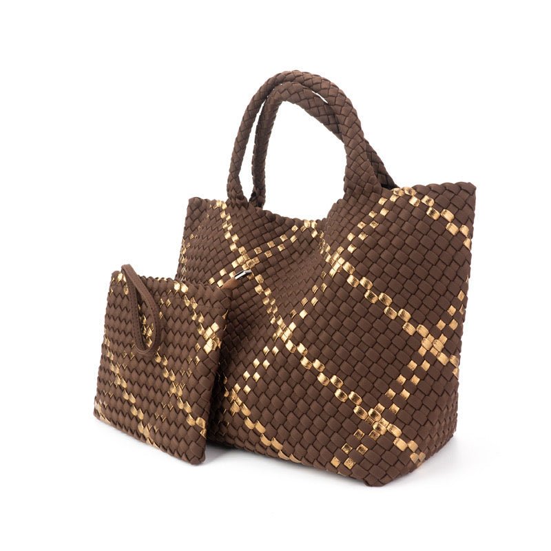 The Charli | Large Woven Neoprene Tote with Wristlet | Cocoa with Gold Stripe - Che Cose Belle