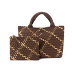 The Charli | Large Woven Neoprene Tote with Wristlet | Cocoa with Gold Stripe - Che Cose Belle