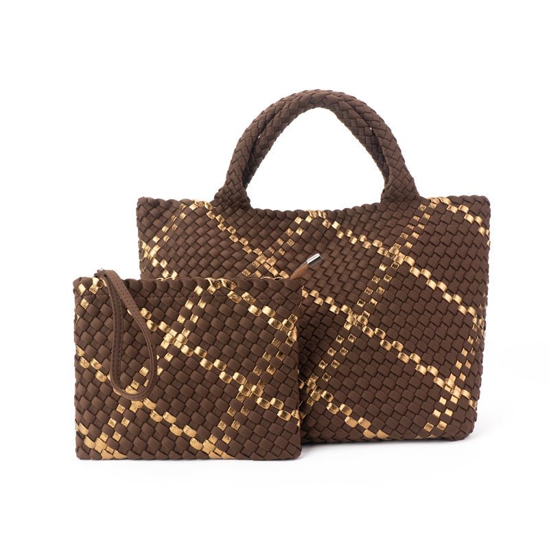 The Charli | Large Woven Neoprene Tote with Wristlet | Cocoa with Gold Stripe - Che Cose Belle