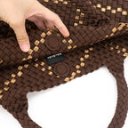 The Charli | Large Woven Neoprene Tote with Wristlet | Cocoa with Gold Stripe - Che Cose Belle