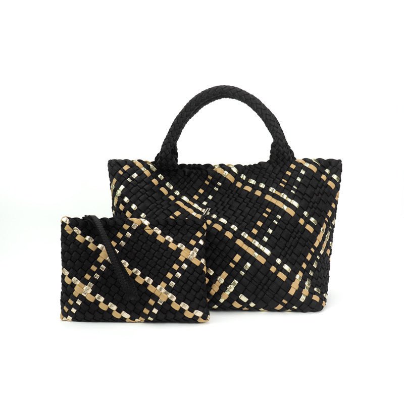 The Charli | Large Woven Neoprene Tote with Wristlet | Onyx with Mocha Stripe - Che Cose Belle