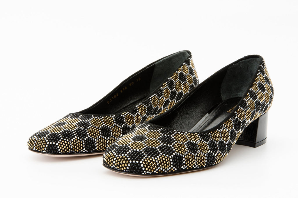 The Doha Gold & Black Glitter Leather Block Pump Women Shoe - Che Cose Belle