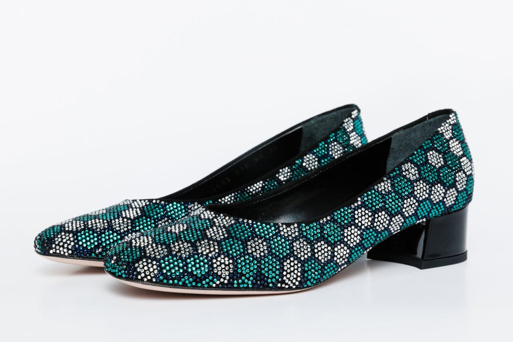 The Doha Turqoise Glitter Leather Block Pump Women Shoe - Che Cose Belle
