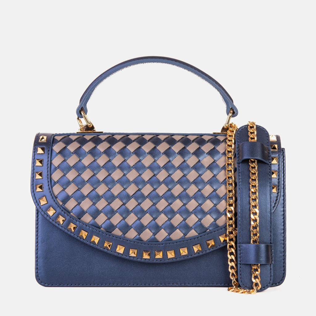 The Dosso Navy Blue and Beige Handwoven Leather Handbag - Che Cose Belle