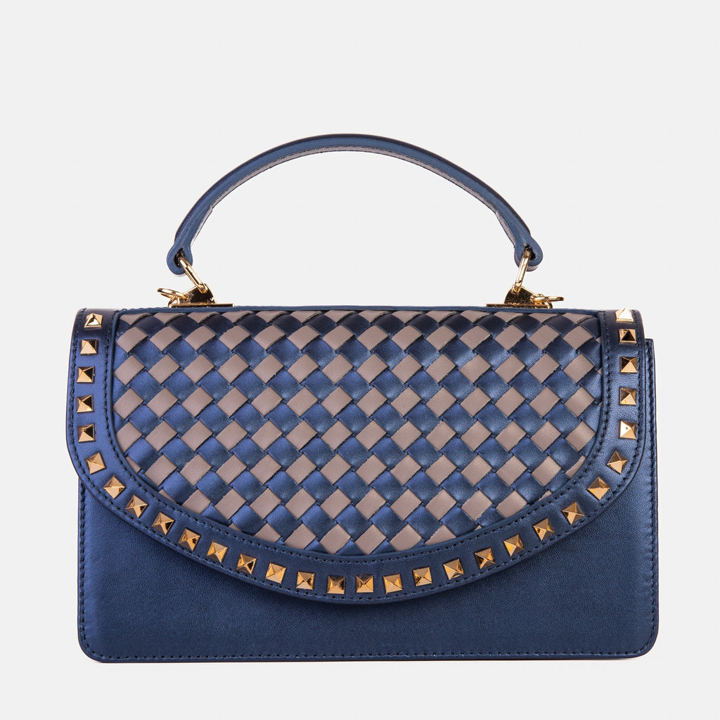 The Dosso Navy Blue and Beige Handwoven Leather Handbag - Che Cose Belle