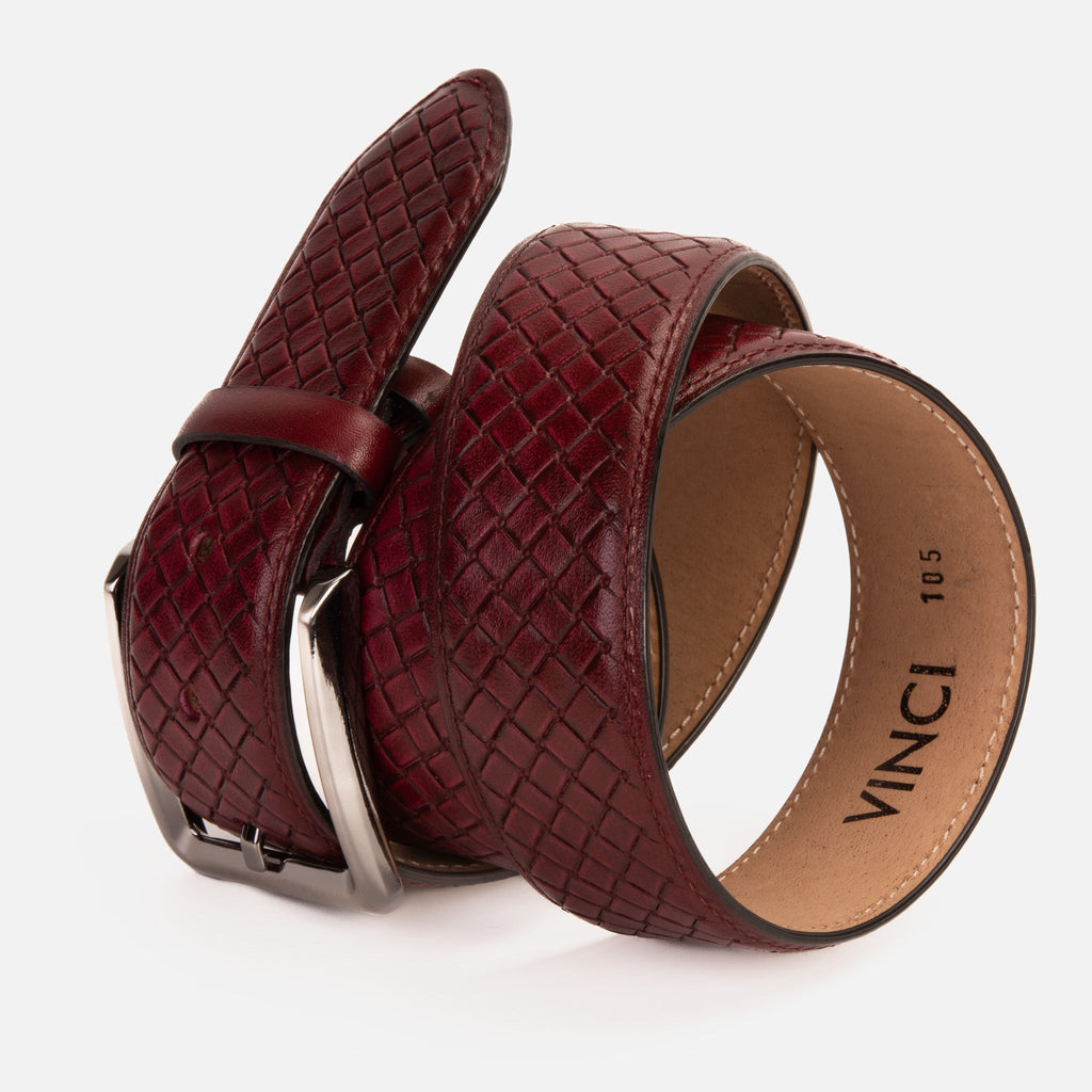 The Layla Burgundy Woven Pattern Leather Belt - Che Cose Belle