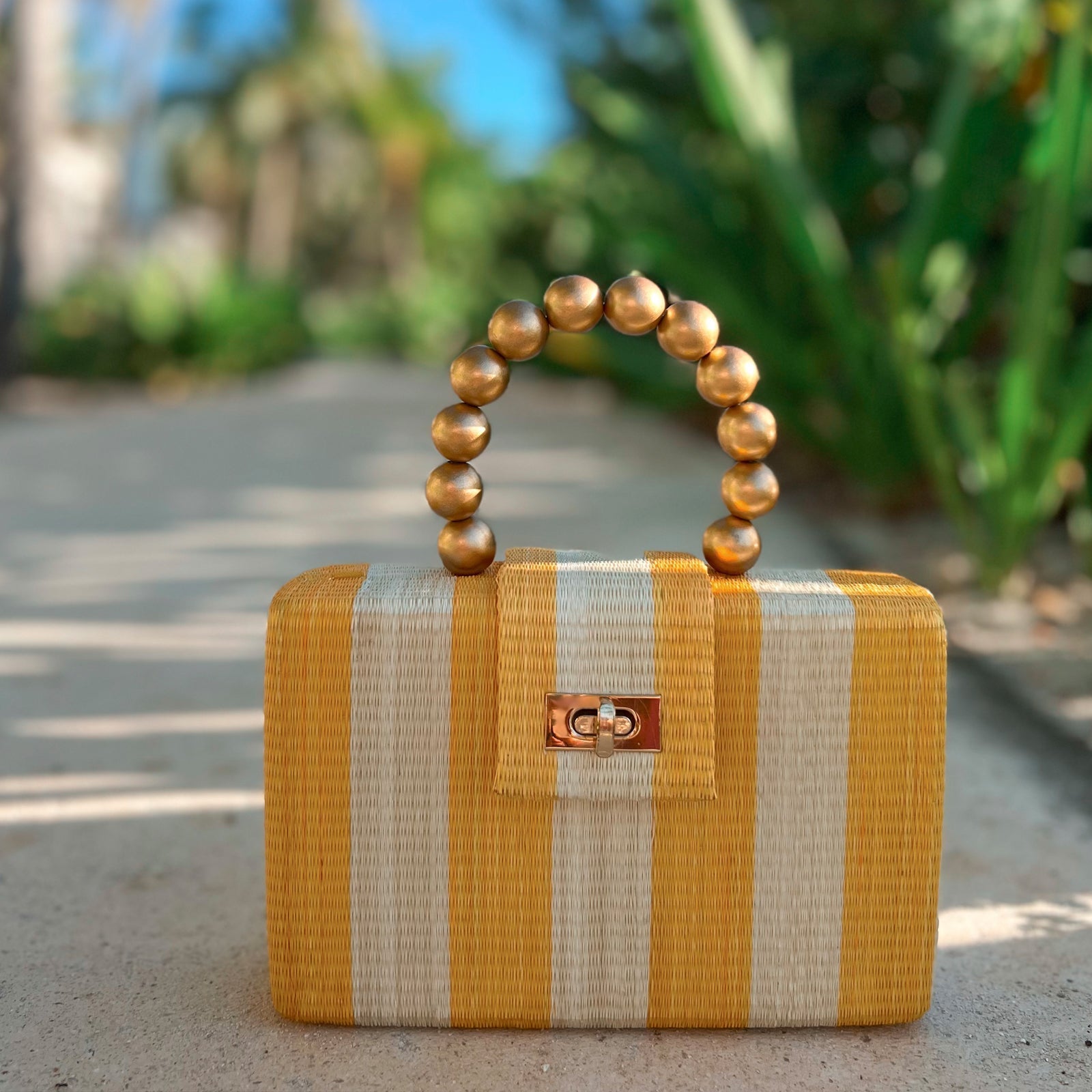 THE LOUISA Yellow & Cream Stripe Woven Straw Clutch Bag - Che Cose Belle