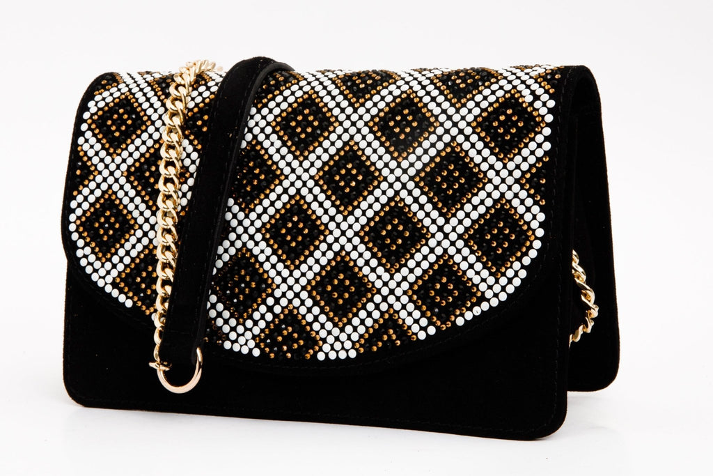 The Nampula Black Glitter Suede Leather Handbag - Che Cose Belle