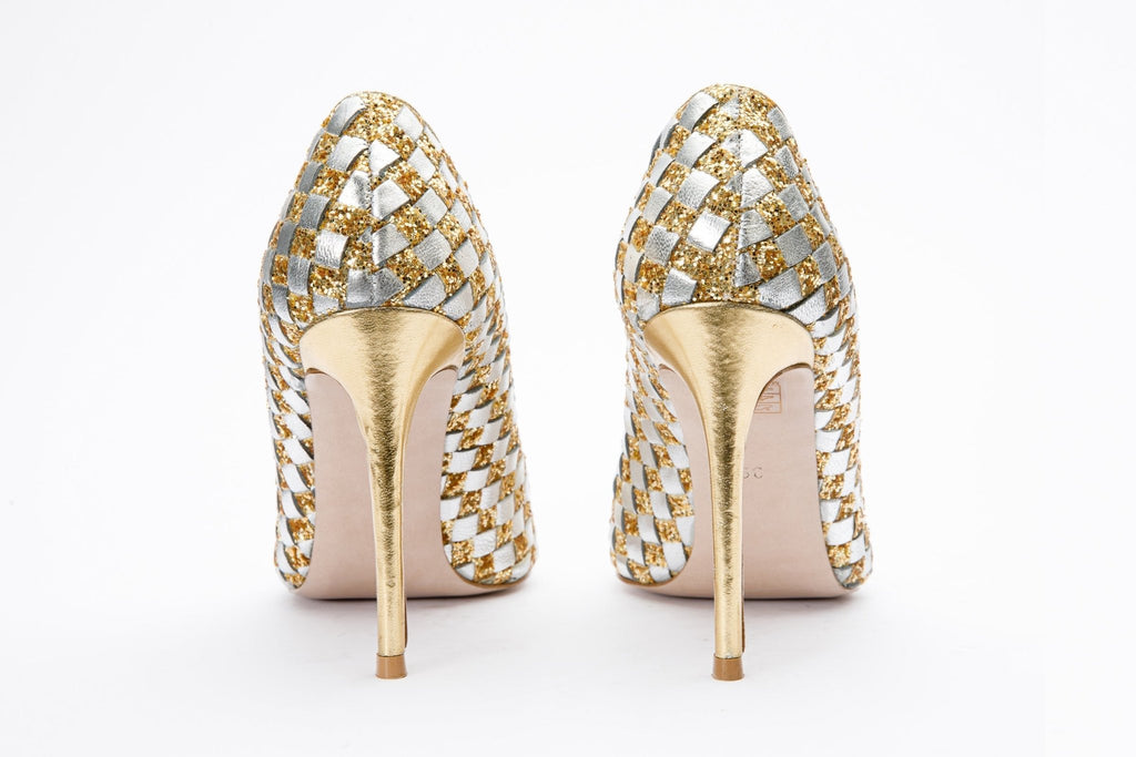 The Saks Tory Gold & Silver Handwoven Leather Pump Women Shoe - Che Cose Belle