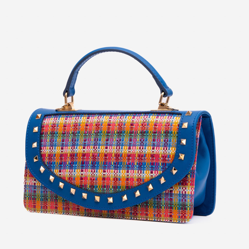The Zoe Multicolor Tweed & Blue Leather Handbag - Che Cose Belle