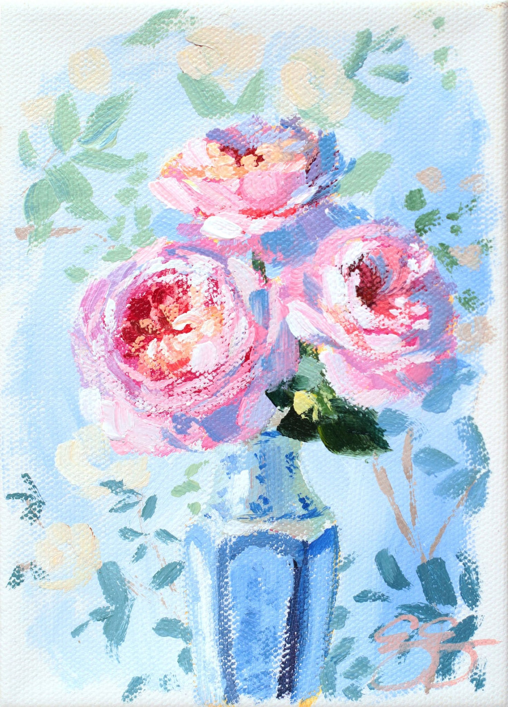 Three of a kind: pink roses in blue and white vase (No. 504) - 5 x 7 acrylic painting on canvas - Che Cose Belle