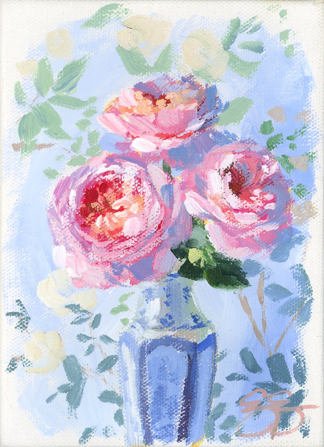 Three of a kind: pink roses in blue and white vase (No. 504) - 5 x 7 acrylic painting on canvas - Che Cose Belle