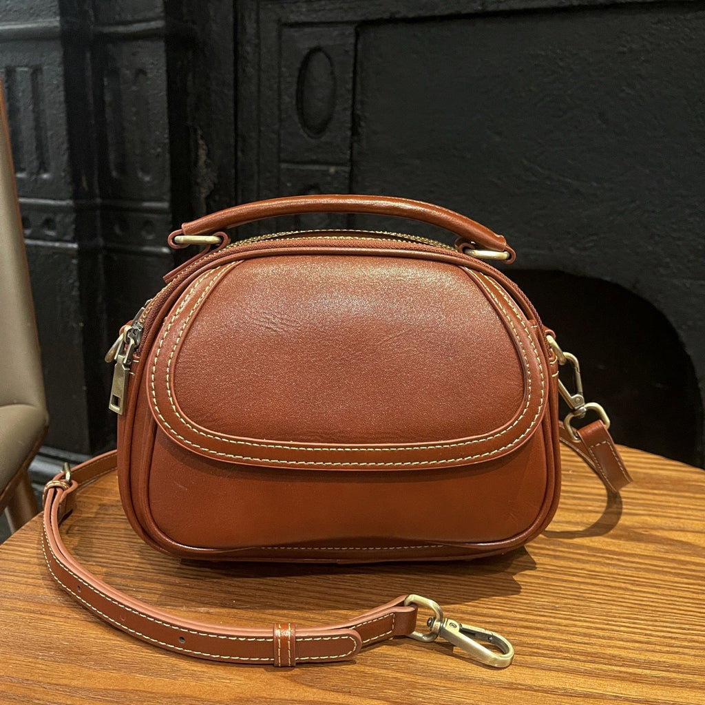Top-grain Leather Single-shoulder Crossbody Bag, 2025 New Women's Vintage Handbag, Stylish And Versatile Simple Small Round Bag - Che Cose Belle