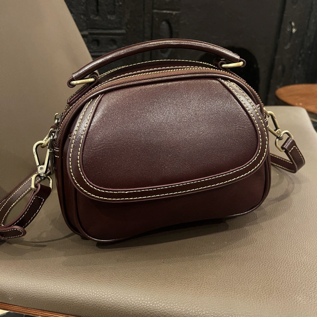 Top-grain Leather Single-shoulder Crossbody Bag, 2025 New Women's Vintage Handbag, Stylish And Versatile Simple Small Round Bag - Che Cose Belle
