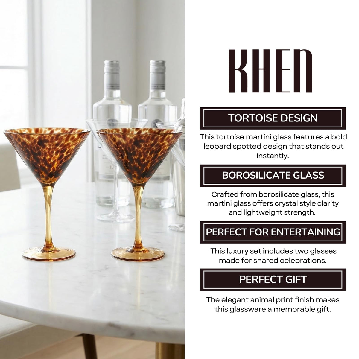 Tortoise Leopard Print Martini 9oz - Set of 2, 7.1" Spotted Borosilicate Cocktail - Che Cose Belle