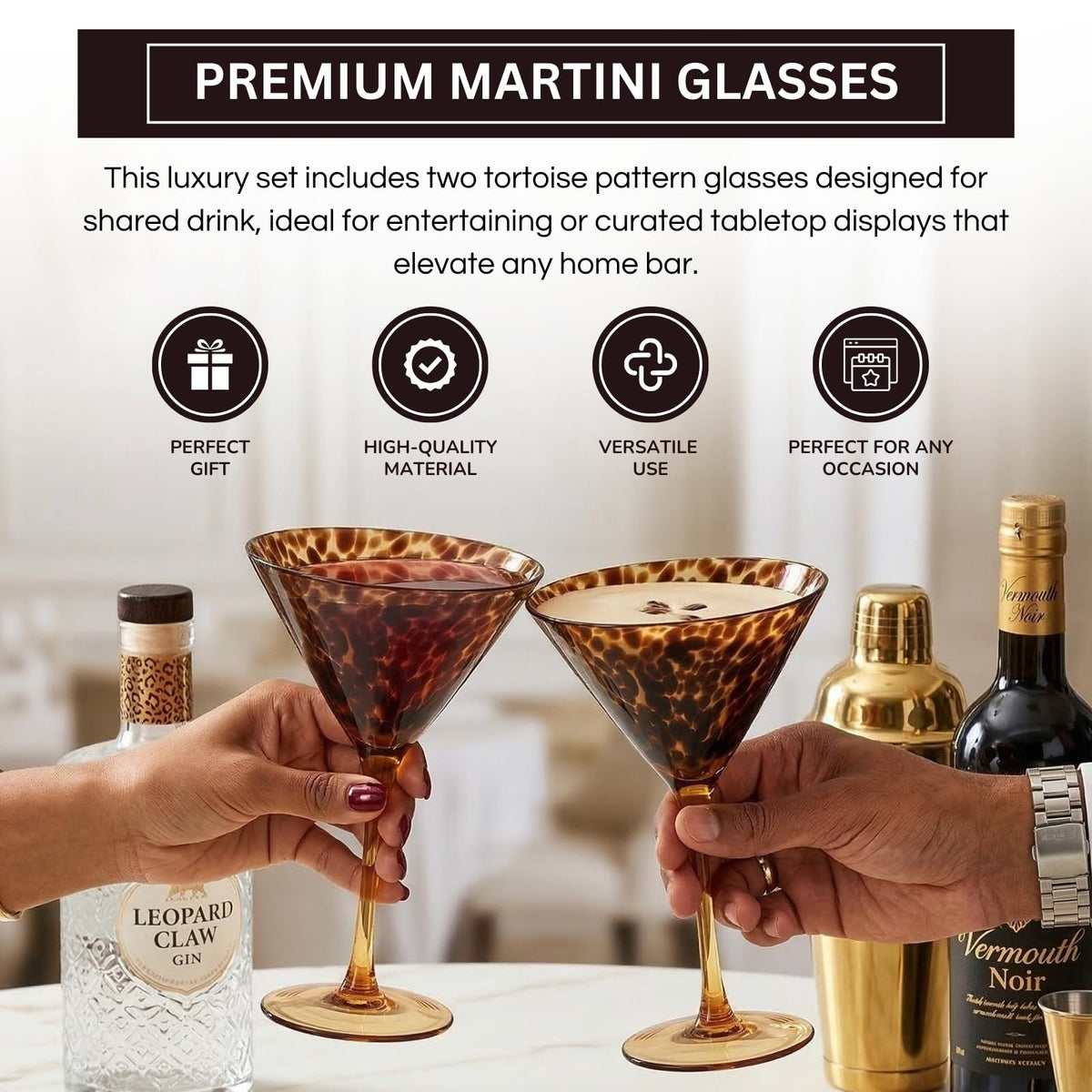 Tortoise Leopard Print Martini 9oz - Set of 2, 7.1" Spotted Borosilicate Cocktail - Che Cose Belle