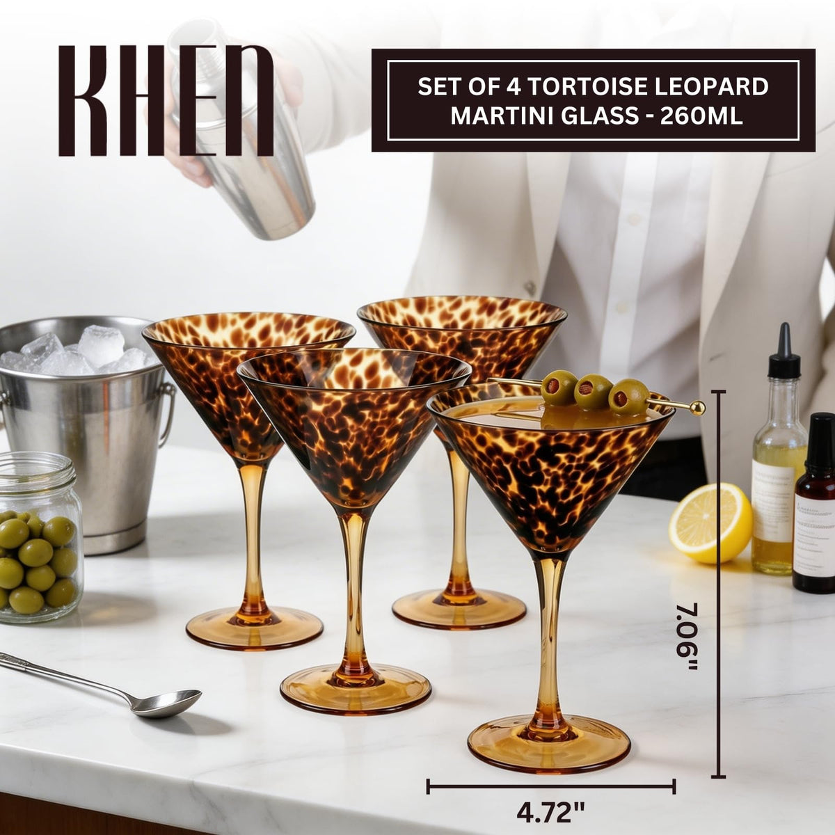 Tortoise Leopard Print Martini 9oz - Set of 4, 7.1" Spotted Borosilicate Cocktail Stem - Che Cose Belle