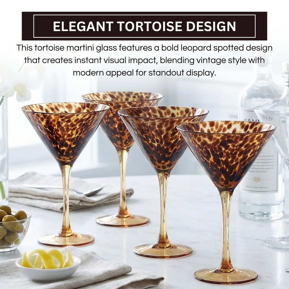 Tortoise Leopard Print Martini 9oz - Set of 4, 7.1" Spotted Borosilicate Cocktail Stem - Che Cose Belle