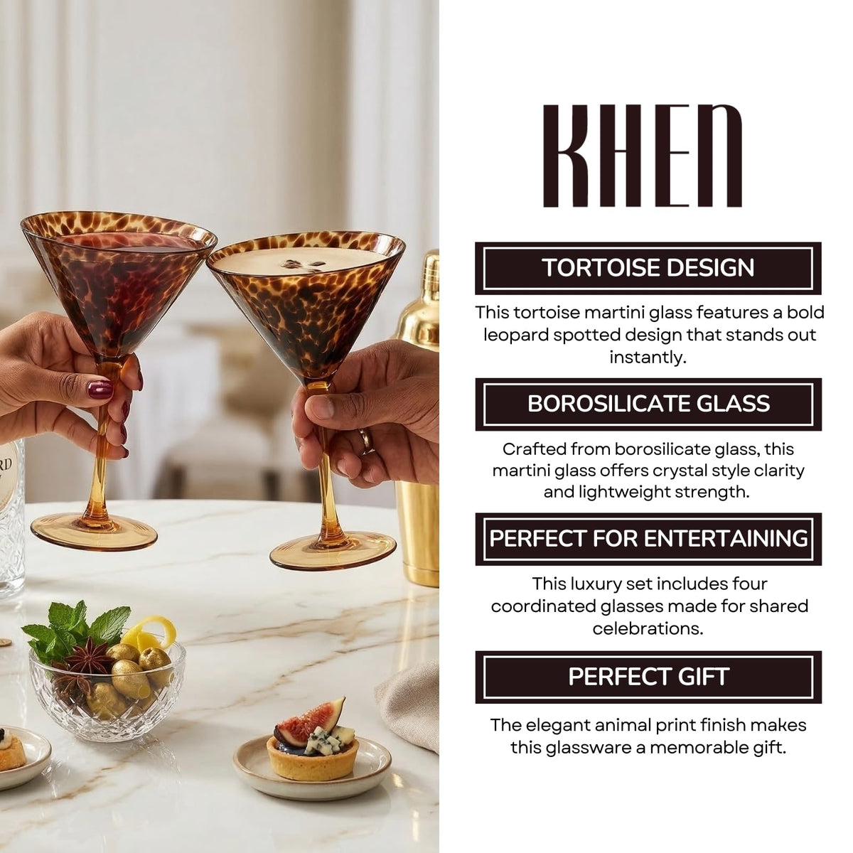 Tortoise Leopard Print Martini 9oz - Set of 4, 7.1" Spotted Borosilicate Cocktail Stem - Che Cose Belle
