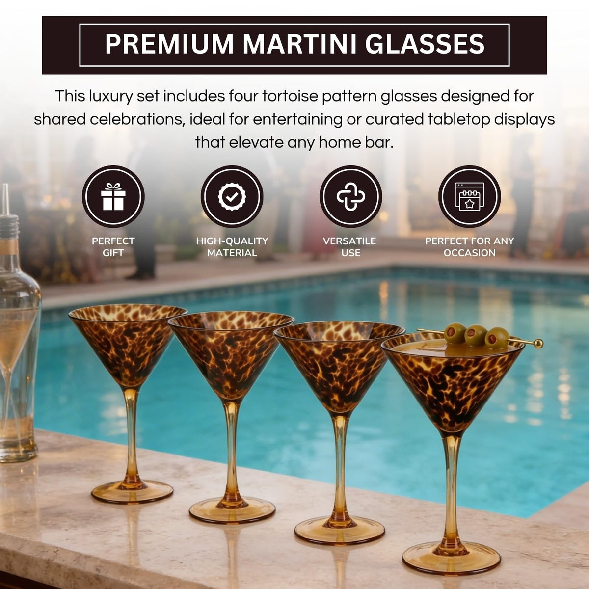 Tortoise Leopard Print Martini 9oz - Set of 4, 7.1" Spotted Borosilicate Cocktail Stem - Che Cose Belle