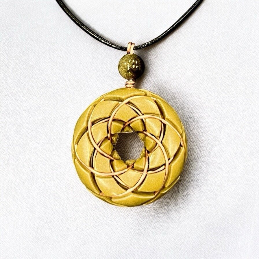 Torus Vortex Pendant - Brass and Libyan Desert Glass Orgonite Necklace Rodin Coil - Che Cose Belle