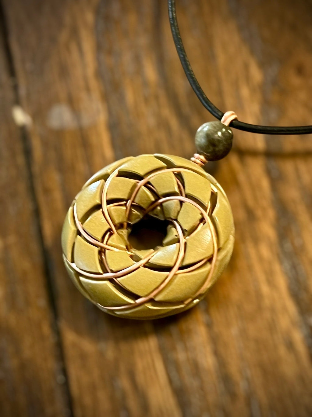 Torus Vortex Pendant - Brass and Libyan Desert Glass Orgonite Necklace Rodin Coil - Che Cose Belle