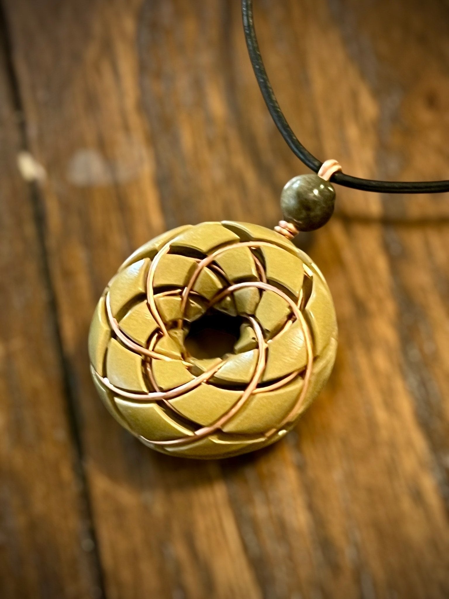 Torus Vortex Pendant - Brass and Libyan Desert Glass Orgonite Necklace Rodin Coil - Che Cose Belle