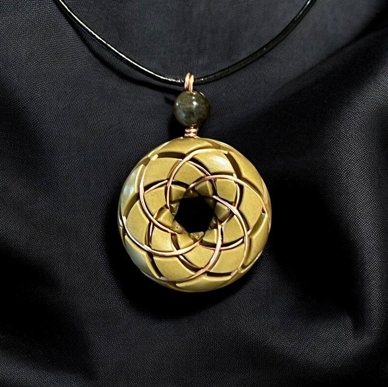Torus Vortex Pendant - Brass and Libyan Desert Glass Orgonite Necklace Rodin Coil - Che Cose Belle