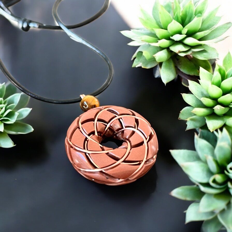 Torus Vortex Pendant - Copper Orgonite Rodin Coil Necklace - Tigers eye - Che Cose Belle