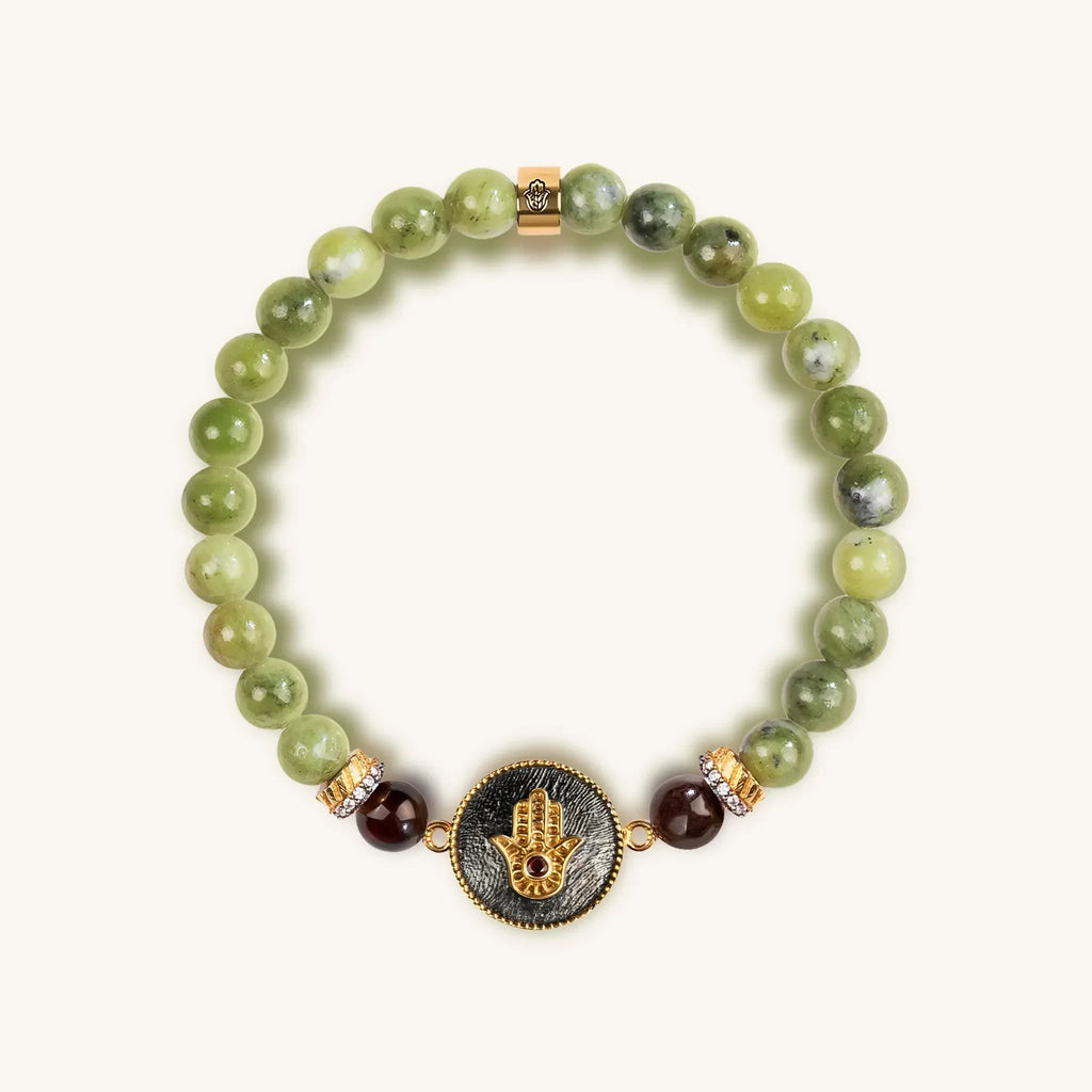 Transportive Energy Jade Stone Hamsa Bracelet - Che Cose Belle