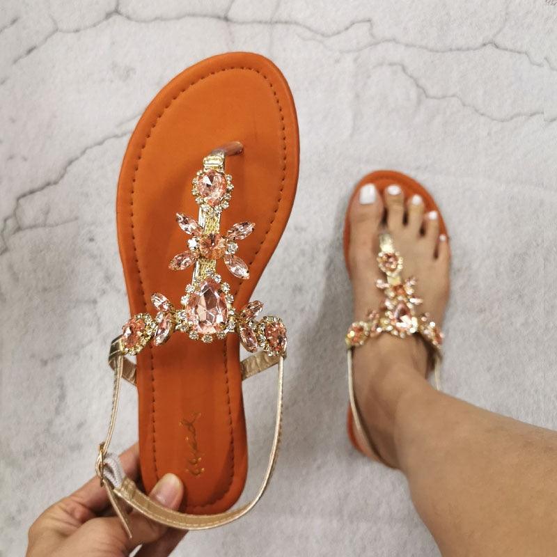 Trendy Summer Women's Shoes Beautiful Crystal Shiny Flat Sandals With Back Strap Footwear Rhinestones Flat Sandals Strappy Comfort Open Toe Flat Women Sandals - Che Cose Belle