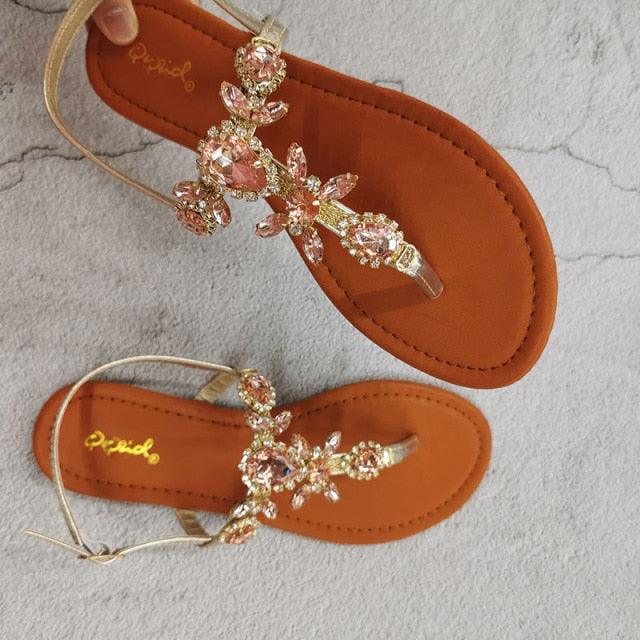 Trendy Summer Women's Shoes Beautiful Crystal Shiny Flat Sandals With Back Strap Footwear Rhinestones Flat Sandals Strappy Comfort Open Toe Flat Women Sandals - Che Cose Belle