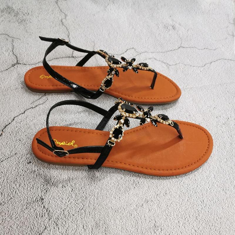 Trendy Summer Women's Shoes Beautiful Crystal Shiny Flat Sandals With Back Strap Footwear Rhinestones Flat Sandals Strappy Comfort Open Toe Flat Women Sandals - Che Cose Belle